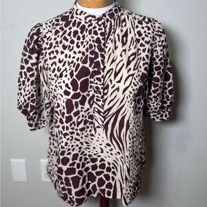 Ann Taylor Mixed Animal Print Puff Sleeve Blouse | Medium